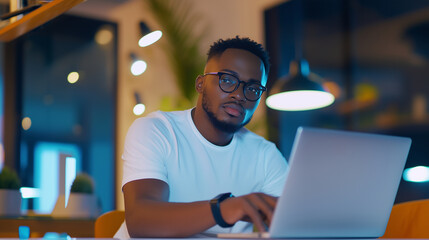 Fototapeta premium A confident man wearing glasses and a smartwatch, engaged with his laptop and business documents in a sleek office. Perfect for content on entrepreneurship, modern office culture,