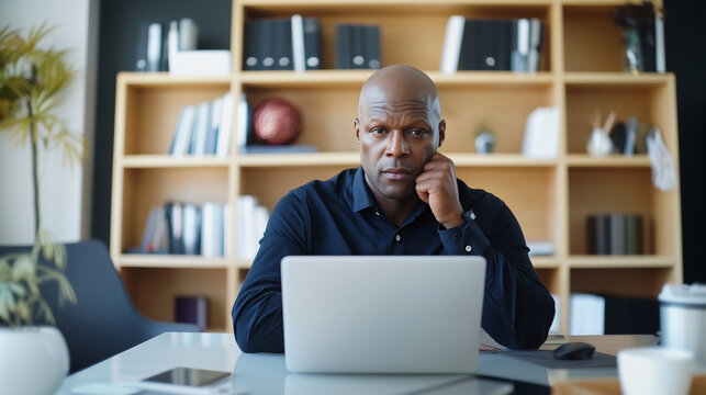 A professional man in a contemporary office deeply engaged with his laptop. Ideal for articles on business technology, time management tips, office productivity tools, and workplac