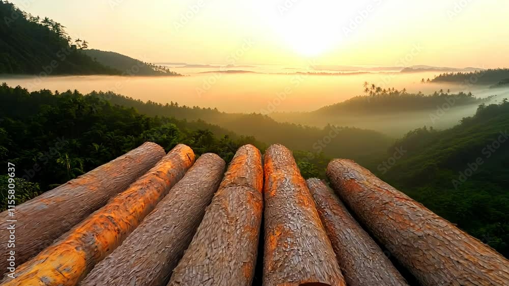Poster large stack of logs is piled up in a forest, creating a peaceful and serene atmosphere. the logs are