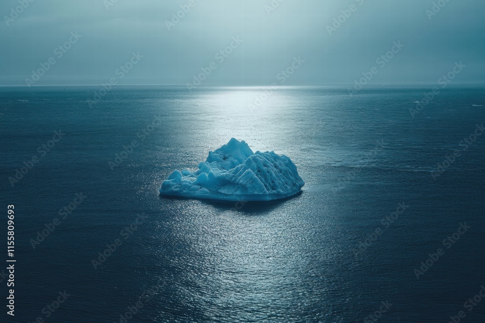 Aufkleber Melting iceberg floating in the deep blue ocean under a cloudy sky with reflection on the water surface. Generative AI