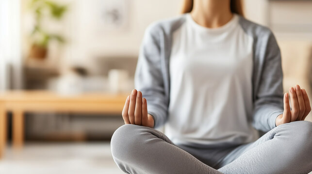 A relaxed woman in comfortable athletic wear enjoying a meditative moment in her minimalist home setting. Ideal for blogs about yoga for beginners, building a morning routine, and