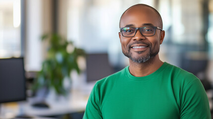 Fototapeta premium A self-assured man in a green shirt and glasses, exuding professionalism in a bright and modern workspace. Great for articles on corporate leadership, team motivation, and executiv