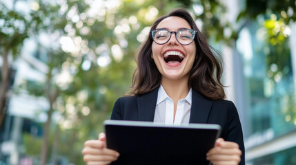 A cheerful woman in a stylish suit using a tablet, ready to take on professional challenges. Ideal for content about digital transformation, career growth, and workplace technology
