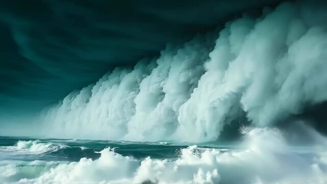 Large wave crashing into the shore. The water is choppy and the sky is dark and cloudy. Scene is intense and dramatic, as the wave appears to be powerful and overwhelming