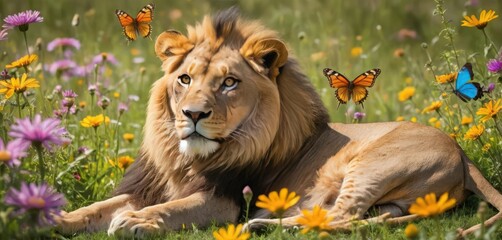 Lion wildlife hunter with nature leo king domestic animal africa jungle beast with wonderful landscape portrait picture