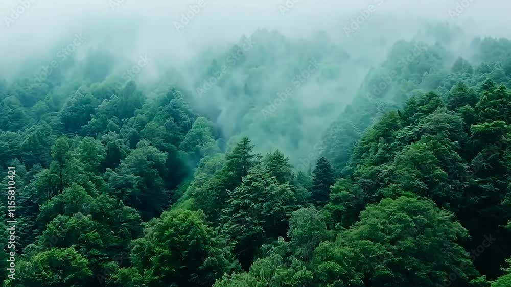 Poster lush green forest with trees that are tall and dense. the sky is cloudy and the trees are covered in