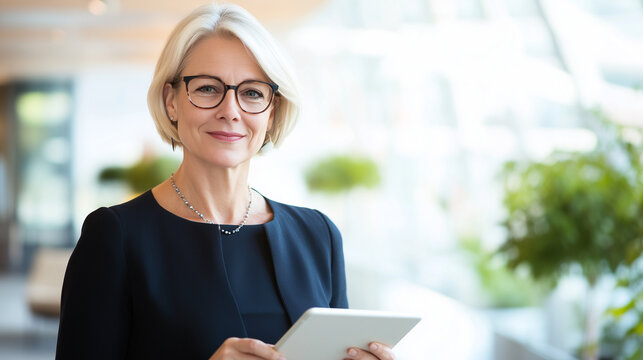 A confident woman holding a tablet and standing in a contemporary office, embodying professionalism and adaptability. Great for articles on career development, women in leadership,