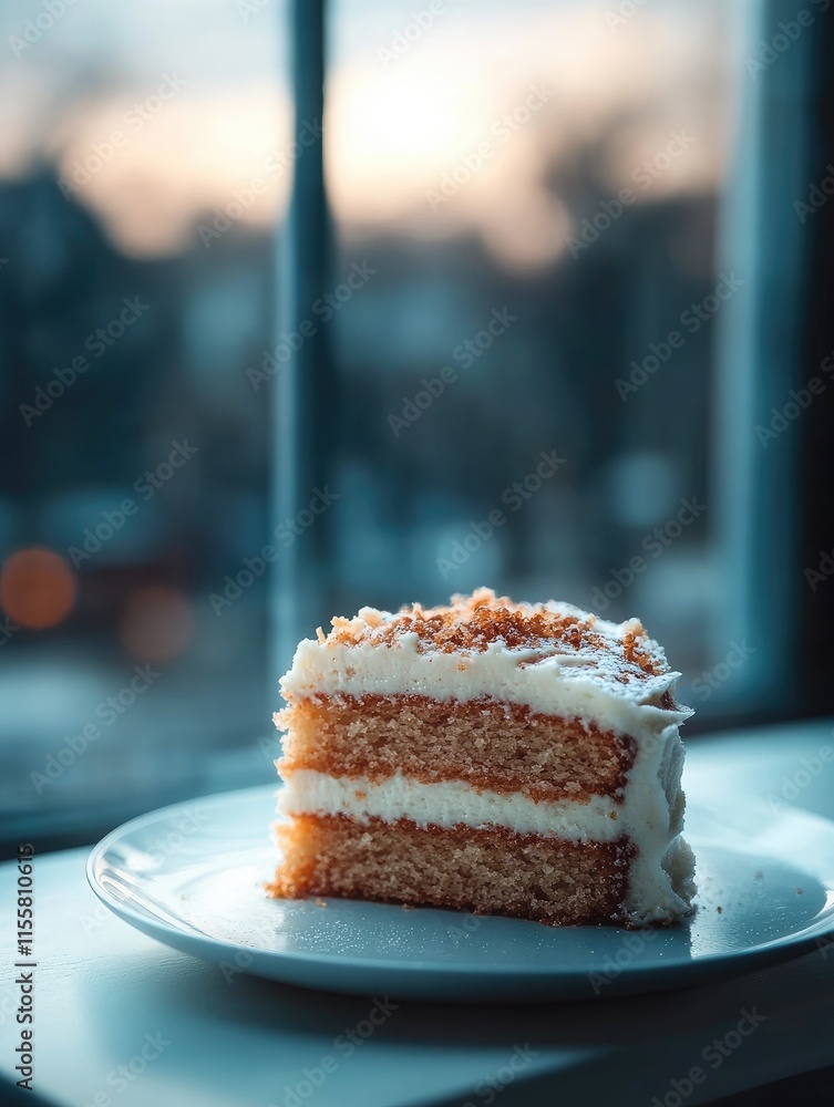 Poster a slice of cake on a plate, with a blurred window view in the background.