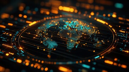 Holographic world map with digital network.
