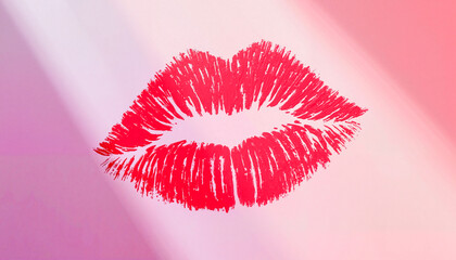 Fototapeta premium Artistic kiss mark in red lipstick on soft gradient background for romantic themes
