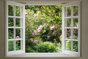 Bright garden view through open window surrounded by colorful flowers and lush greenery on a sunny day. Generative AI © Anat art