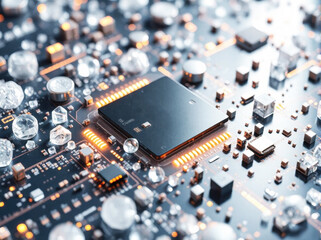 CPU Chip Motherboard - computer processor smart chip on a circuit board with frosty cold ice sheath microchips and other parts. Artificial intelligence processor, Computer, Data, Technology background