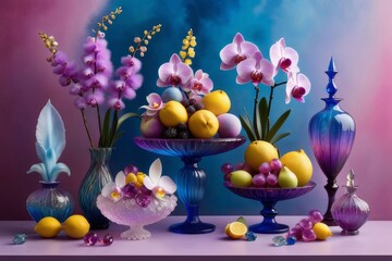 Vibrant orchids in glass vases, accented by lemons and colorful beads. Soft pastel gradient enhances artistic composition. Suitable for floral, home decor, or lifestyle concepts.