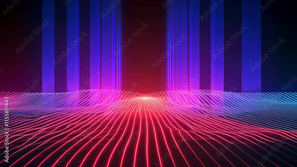 Poster purple background with a red line that stands out. the line is curved and he is moving. the backgrou