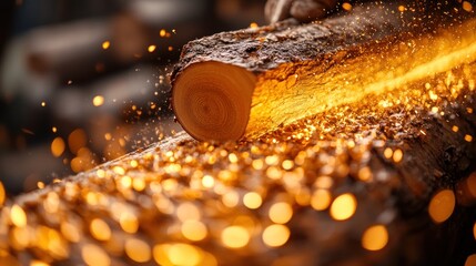 Hot metal cutting through wood log, sparks flying.
