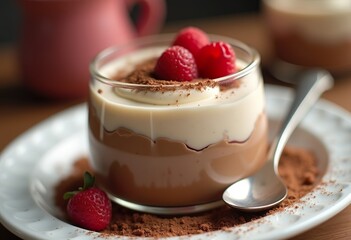 Mocha mousse food trend 2025, mousse two-layer chocolate dessert in a glass, decorated with red berries