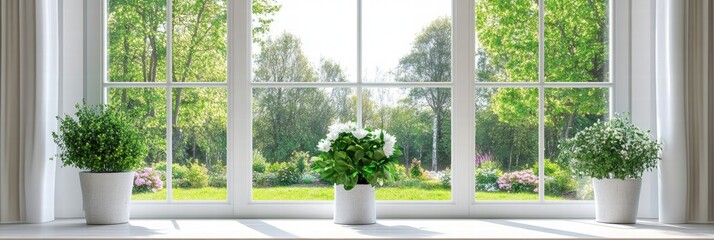 Bright garden view from window with green plants and natural sunlight in spring season. Generative AI © Anat art