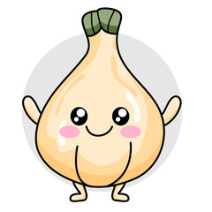 Cute Garlic Cartoon Kawaii Sticker. Character Vector Illustration