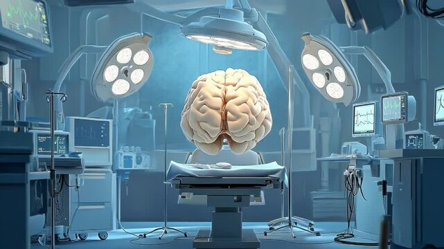 A surreal operating room featuring a large brain on a surgical table.