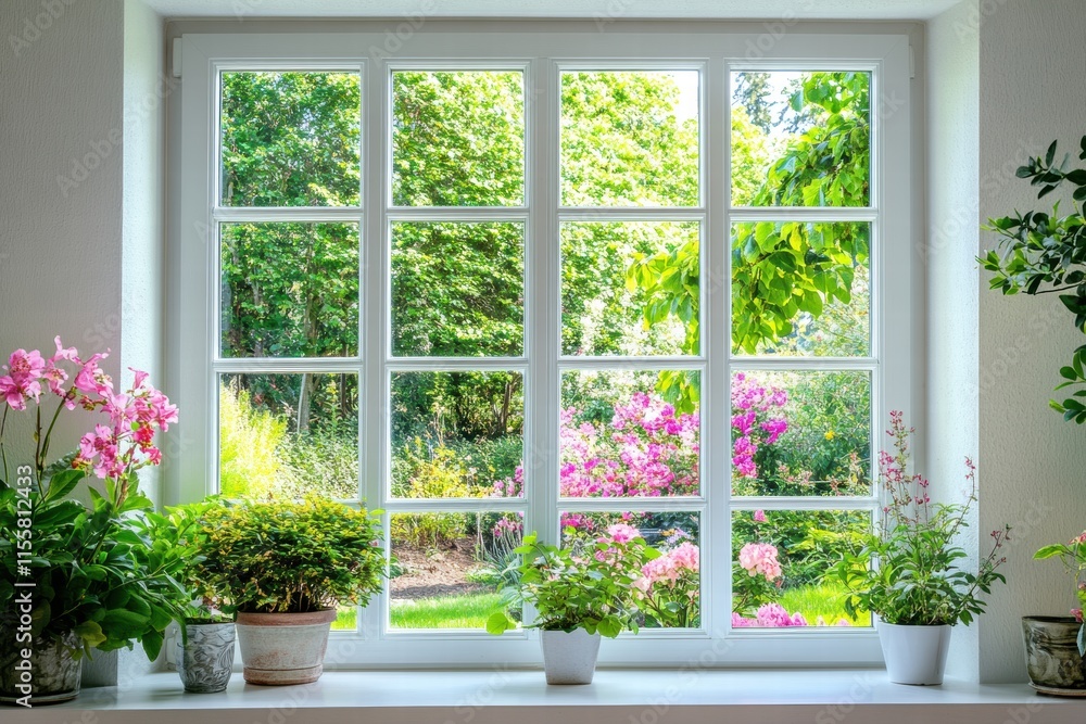 Poster Bright garden view from a window adorned with colorful flowers and lush greenery in a peaceful setting. Generative AI