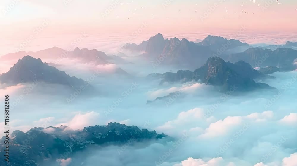 Poster the sky is filled with clouds and the mountains are visible in the distance. the scene is serene and