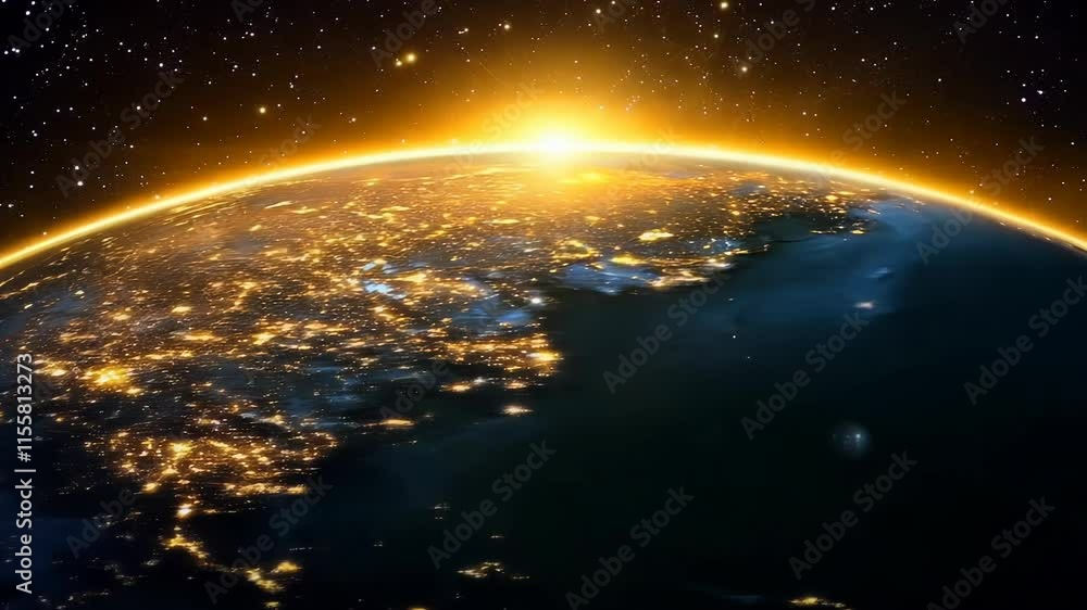 Poster the sun is setting on a planet with a bright orange sky. the planet is surrounded by a multitude of 
