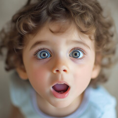 Close-up portrait of an child with big eyes, mouth open and a surprised expression, natural lighting, soft tones.