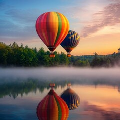 Anticipation and optimism. Vibrant hot air balloons over a serene lake at sunrise.