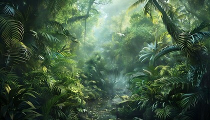 Panoramic view of misty and foggy tropical forest.