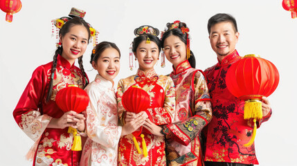 Fototapeta premium Group of People in Traditional Chinese Attire Holding Red Lanterns Celebrating Festive Occasion with Joyful Expressions