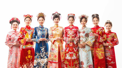 Naklejka premium Traditional Asian Bridal Attire: A Group of Women in Vibrant Cultural Dresses and Ornate Headpieces