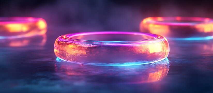 Floating holo torus with smooth, liquid-like surface, radiating neon hues, set against a dark misty backdrop. - Powered by Adobe