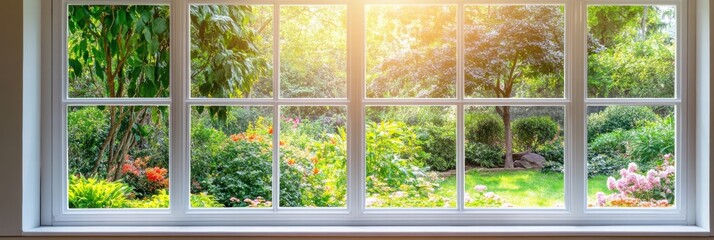 Naklejka premium Bright garden view through a window showcasing vibrant nature in the morning sunlight. Generative AI