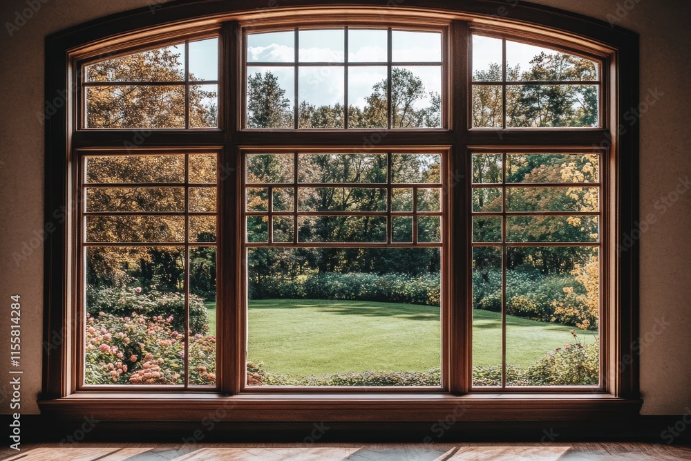Poster Bright garden visible through a large window with multiple panes showcasing greenery and colorful flowers. Generative AI