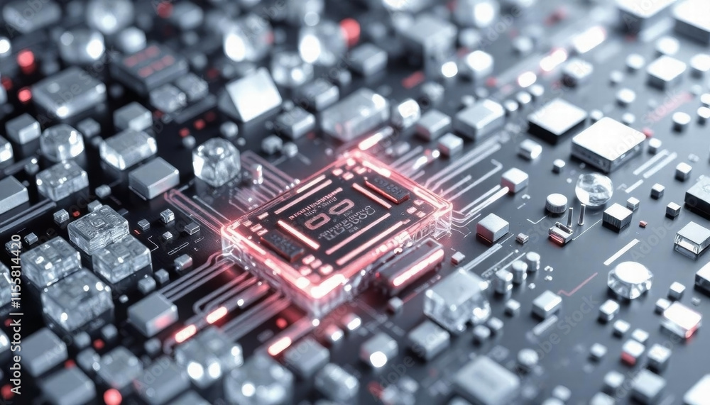 Poster cpu chip motherboard - computer processor smart chip on a circuit board with frosty cold ice sheath 