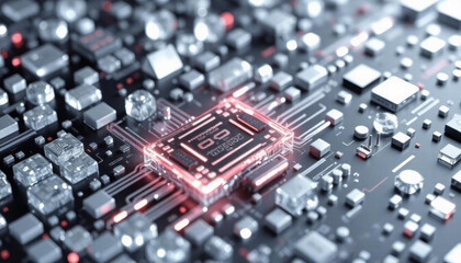 CPU Chip Motherboard - computer processor smart chip on a circuit board with frosty cold ice sheath microchips and other parts. Artificial intelligence processor, Computer, Data, Technology background