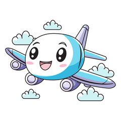 Cute Plane Cartoon Kawaii Sticker. Character Vector Illustration