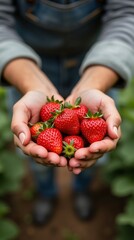 Handful of Fresh Strawberries Held in Hands Showcasing Vibrant Red Fruit with Natural Details on a Sunny Day.