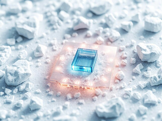 A futuristic transparent glass chip in a minimalist style with a blue rectangular core lies among white stones, chalk or other similar material. The edges of the chip glow.