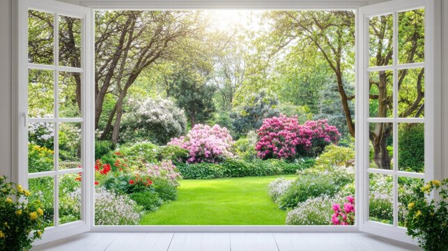 Fototapeta Bright garden view from a spacious window adorned with blooming flowers and lush greenery. Generative AI