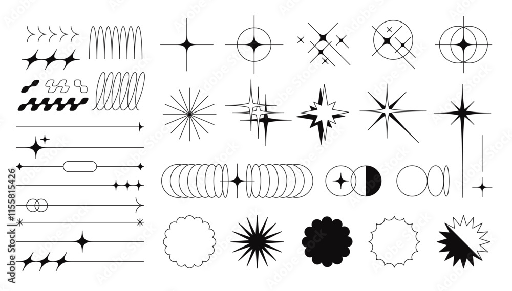 Fototapete Minimalist aesthetic line elements and abstract geometric forms. Simple decorative linear borders, boho style dividers with sparkles, twinkle star shaped symbols, modern design element vector set