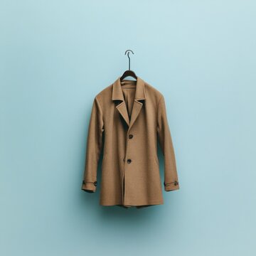 Brown coat hanging on a hook against a light blue background.