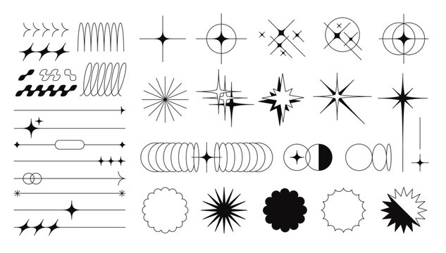 Minimalist aesthetic line elements and abstract geometric forms. Simple decorative linear borders, boho style dividers with sparkles, twinkle star shaped symbols, modern design element vector set