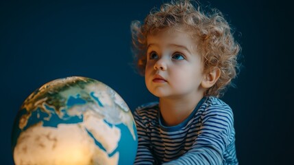 Anticipation and optimism. A child gazes thoughtfully at a globe, exploring the wonders of the world.