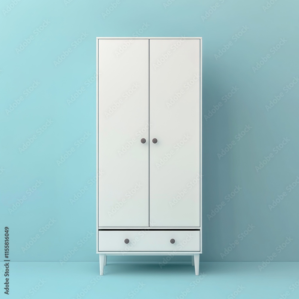 Poster White wardrobe with drawer against light blue wall.