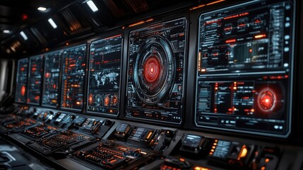 Obraz premium Futuristic Control Room with High-Tech Displays Featuring Data Visualization, Monitoring Systems, and Interactive Controls for Advanced Operations and Analytics