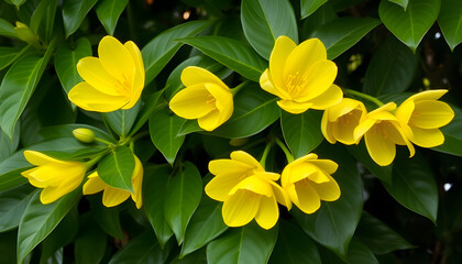 Obraz premium Liriodendron tulipifera - Yellow flowers on a background of green leaves, realistic. isolated with white shades