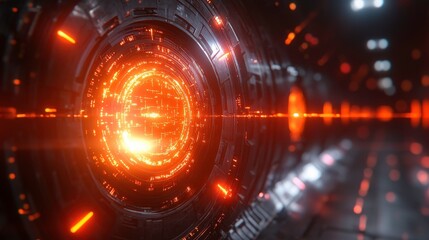 Fototapeta premium Futuristic Technology Background with Bright Orange Energy Sphere Surrounded by High-Tech Circular Patterns and Glowing Digital Elements in a Sci-Fi Environment
