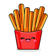 Cute French Fries Cartoon Kawaii Sticker. Character Vector Illustration
