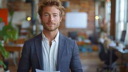 Obraz premium Caucasian man in a business suit standing in an office. Ensure that he is holding a paper in each hand, presenting a professional and focused demeanor.